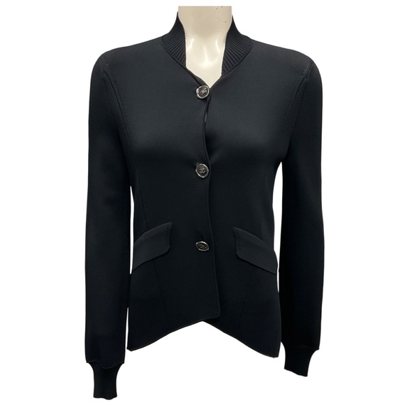 CHANEL BLACK CC LOGO BUTTONED VISCOSE KNIT HIGH LOW CARDIGAN SWEATER - Picture 1 of 5